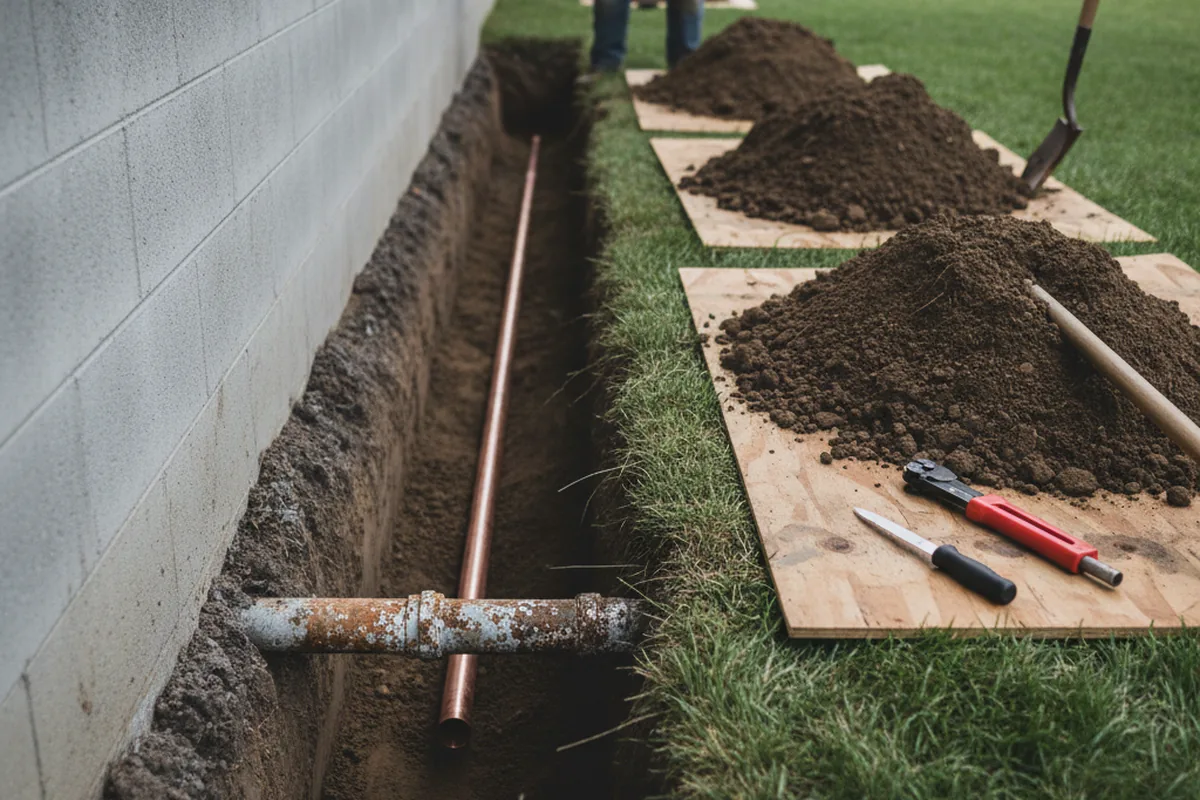 Excavated water line trench during Water Heater Repair in Ludlow